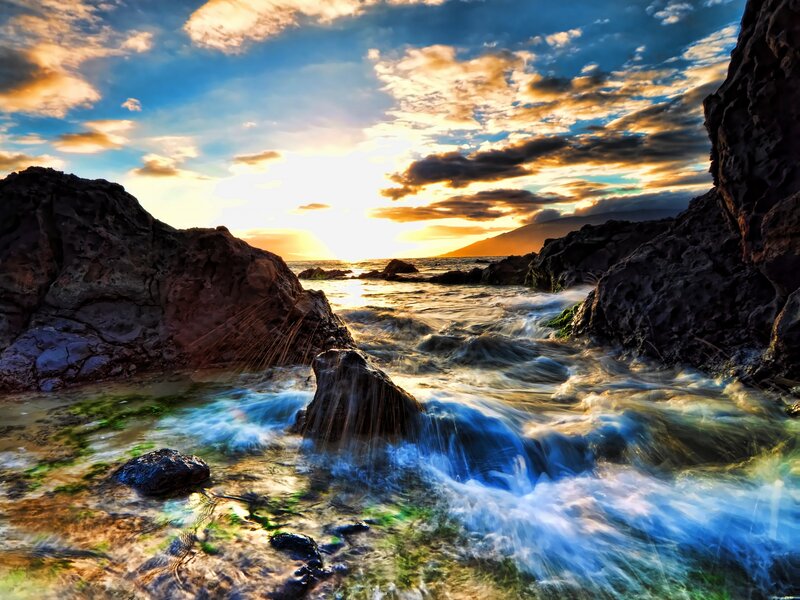 Ocean Waves at Sunset — Blue, Dramatic, Photograph, Rocks, Clouds, Sea