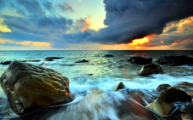 Ocean Waves at Sunset — Blue, Dramatic, Photograph, Rocks, Clouds, Sun