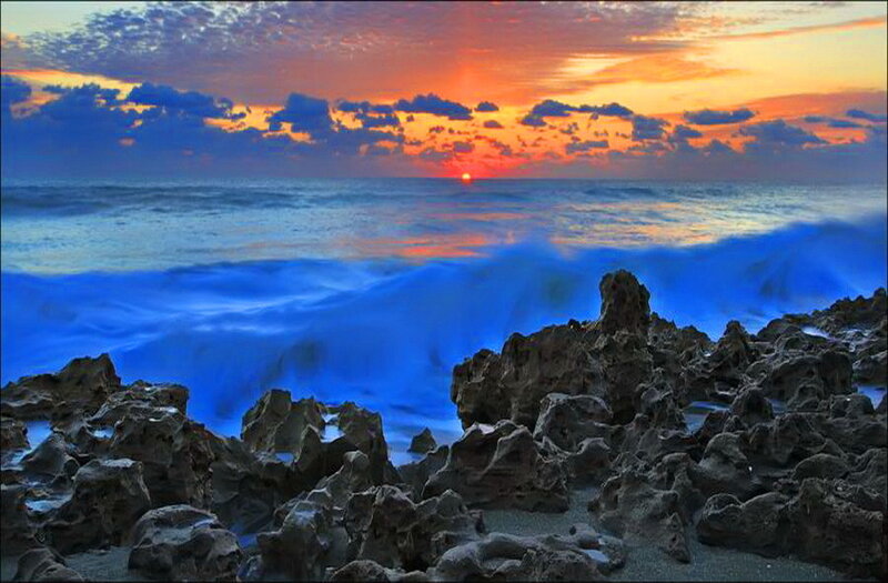 Ocean Waves at Sunset — Blue, Dramatic, Photograph, Rocks, Clouds