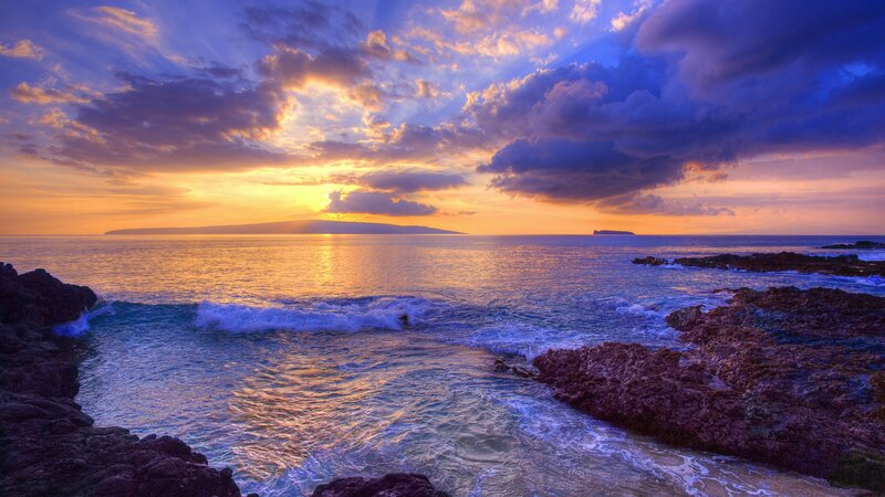 Ocean Waves at Sunset — Blue, Dramatic, Photograph, Rocks, Island