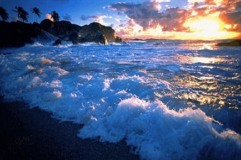 Ocean Waves at Sunset — Blue, Dramatic, Photograph, Rocks, Palm Trees