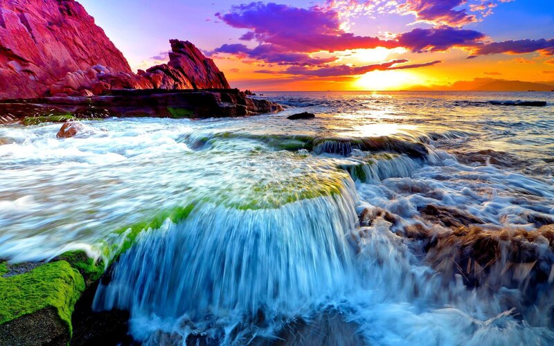 Ocean Waves at Sunset — Blue, Dramatic, Photograph, Rocks, Sea, Sky, Foam