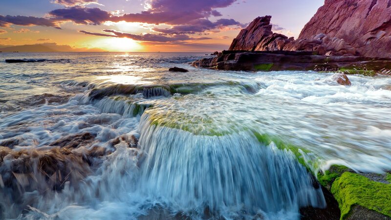 Ocean Waves at Sunset — Blue, Dramatic, Photograph, Rocks, Sea, Sky, Moss