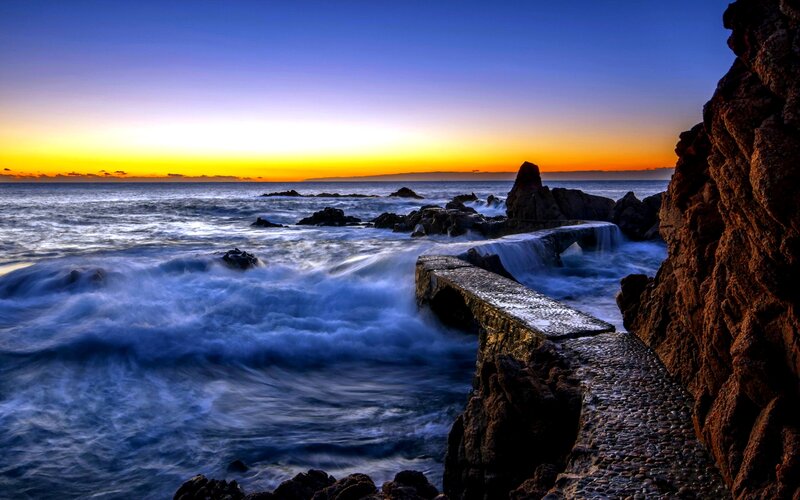 Ocean Waves at Sunset — Blue, Dramatic, Photograph, Rocks, Sea, Sky