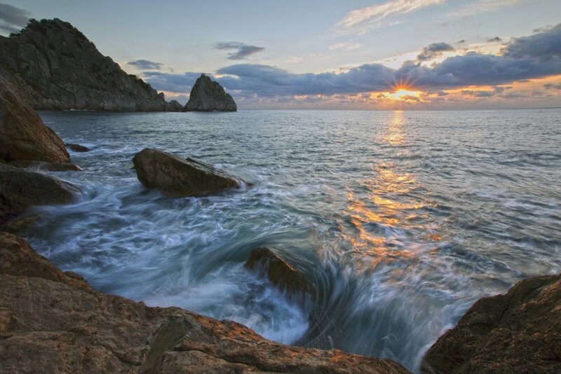 Ocean Waves at Sunset — Blue, Dramatic, Photograph, Rocks, Sea