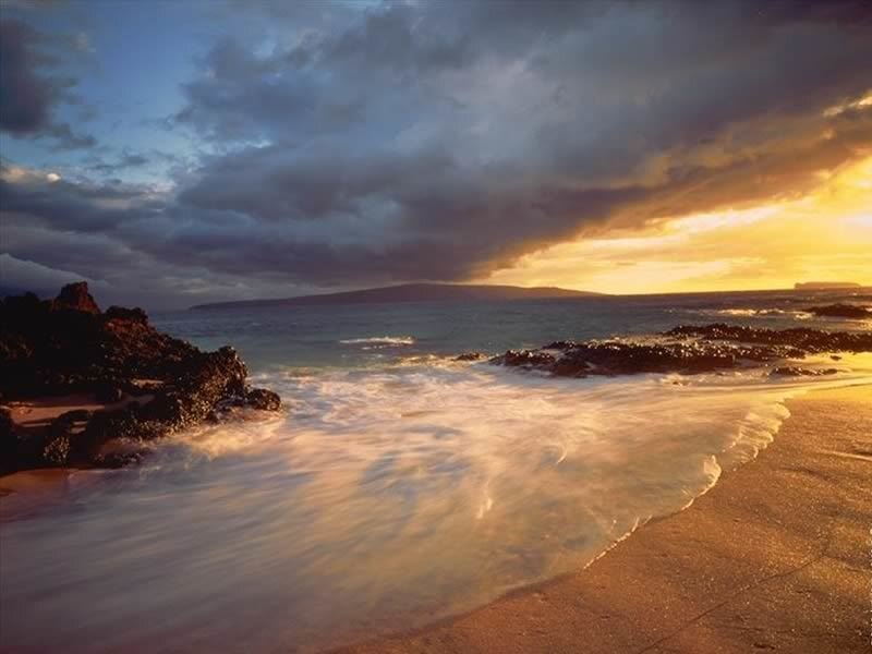 Ocean Waves at Sunset — Blue, Dramatic, Photograph, Rocks, Sky, Beach, Orange