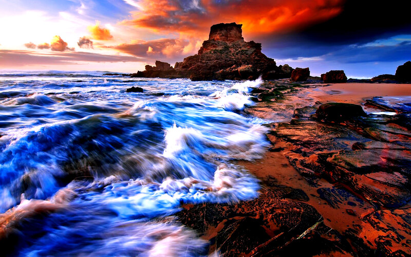 Ocean Waves at Sunset — Blue, Dramatic, Photograph, Rocks, Sky, Beach
