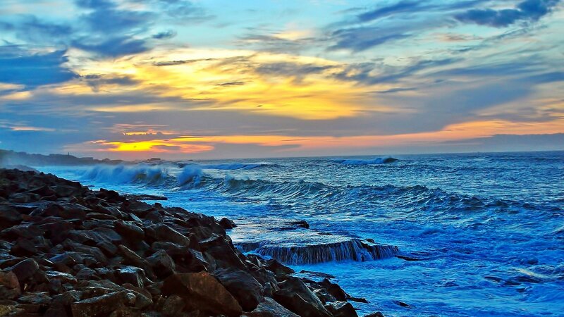 Ocean Waves at Sunset — Blue, Dramatic, Photograph, Rocks, Sky, Clouds