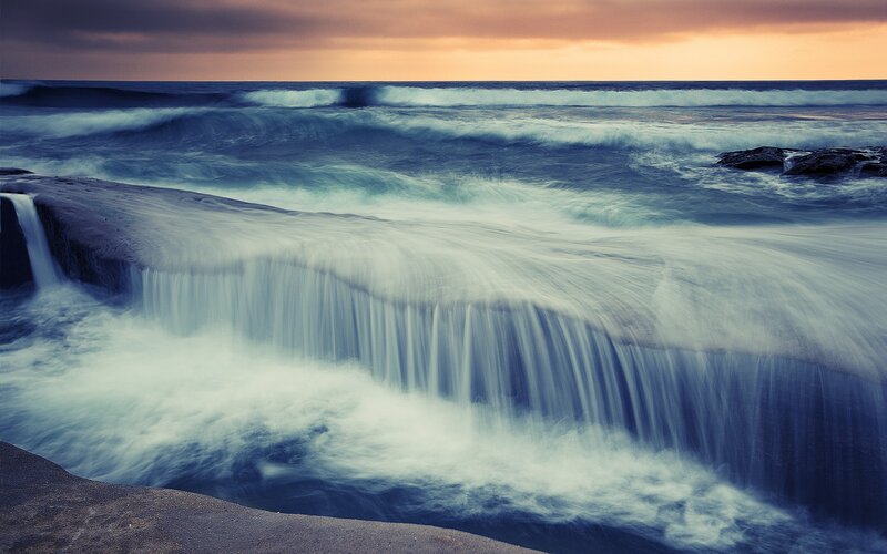 Ocean Waves at Sunset — Blue, Dramatic, Photograph, Rocks, Sky, Orange