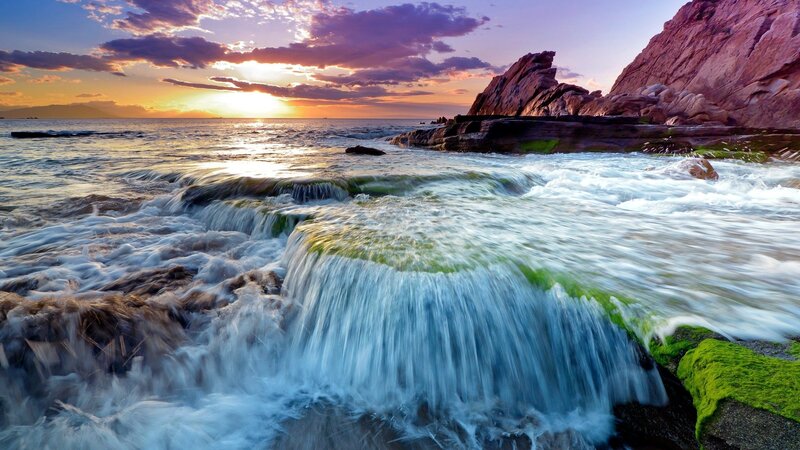 Ocean Waves at Sunset — Blue, Dramatic, Photograph, Rocks, Sky, Sea, Moss