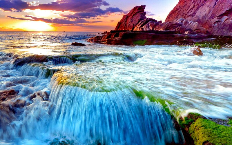 Ocean Waves at Sunset — Blue, Dramatic, Photograph, Rocks, Sky, Sea