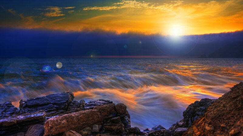 Ocean Waves at Sunset — Blue, Dramatic, Photograph, Rocks, Sky, Sun