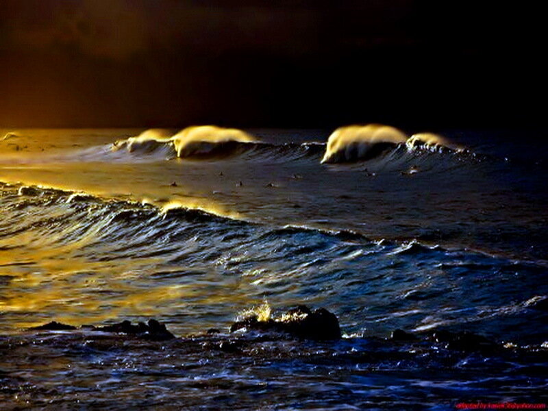 Ocean Waves at Sunset — Blue, Dramatic, Photograph, Rocks, Sky