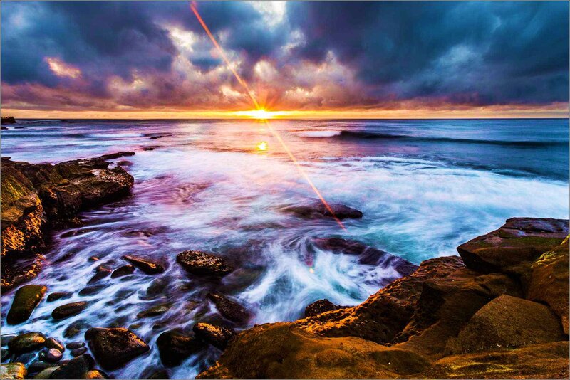 Ocean Waves at Sunset — Blue, Dramatic, Photograph, Rocks, Sun, Clouds