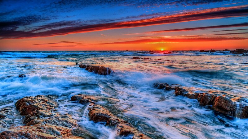 Ocean Waves at Sunset — Blue, Dramatic, Photograph, Rocks, Sun, Sky