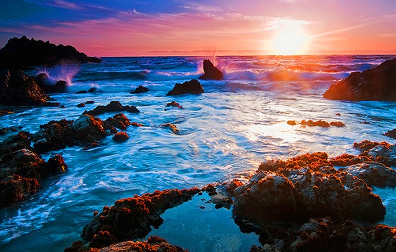 Ocean Waves at Sunset — Blue, Dramatic, Photograph, Rocks, Sun