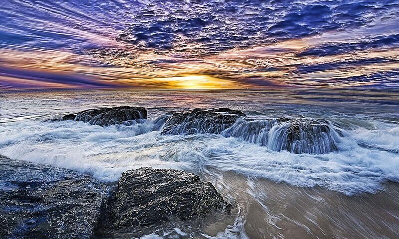 Ocean Waves at Sunset — Blue, Dramatic, Photograph, Rocks