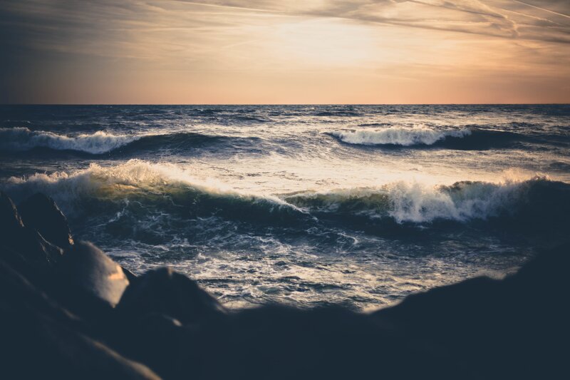 Ocean Waves at Sunset — Blue, Dramatic, Photograph, Sea, Sky, Rocks