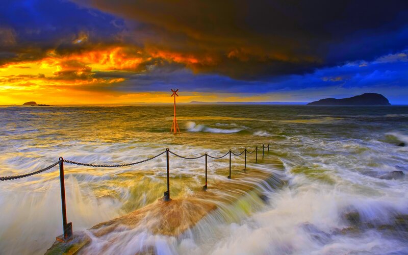 Ocean Waves at Sunset — Blue, Dramatic, Photograph, Sea