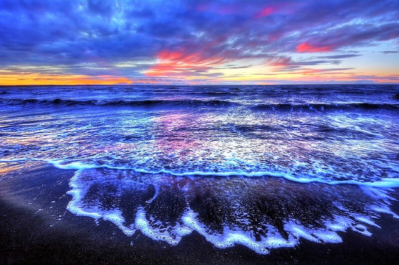 Ocean Waves at Sunset — Blue, Dramatic, Photograph, Sky, Beach, Clouds