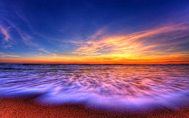 Ocean Waves at Sunset — Blue, Dramatic, Photograph, Sky, Beach
