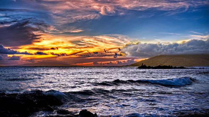 Ocean Waves at Sunset — Blue, Dramatic, Photograph, Sky, Clouds, Island, Orange, Yellow
