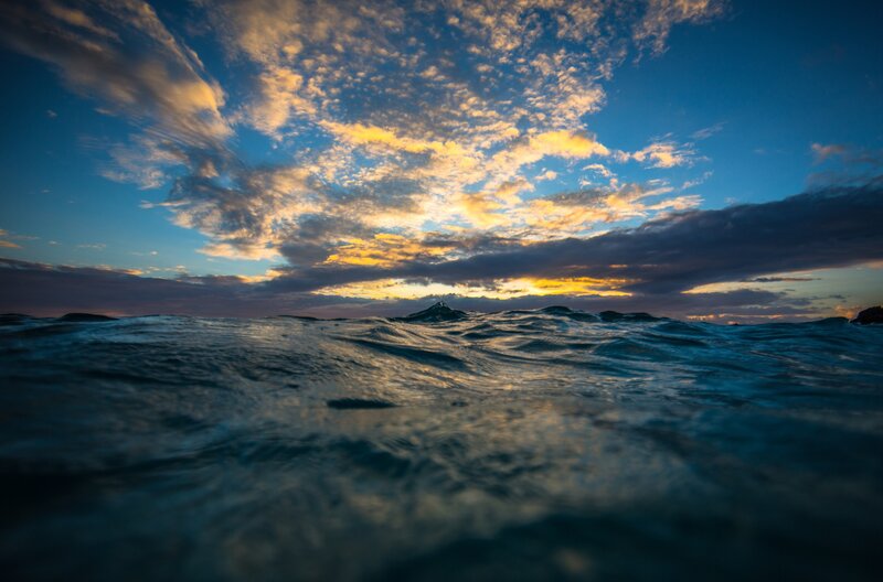 Ocean Waves at Sunset — Blue, Dramatic, Photograph, Sky, Clouds, Mountain