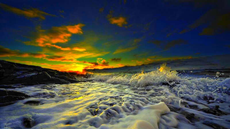 Ocean Waves at Sunset — Blue, Dramatic, Photograph, Sky, Clouds, Rocks