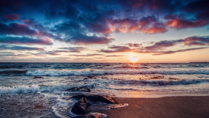 Ocean Waves at Sunset — Blue, Dramatic, Photograph, Sky, Clouds, Sand, Orange