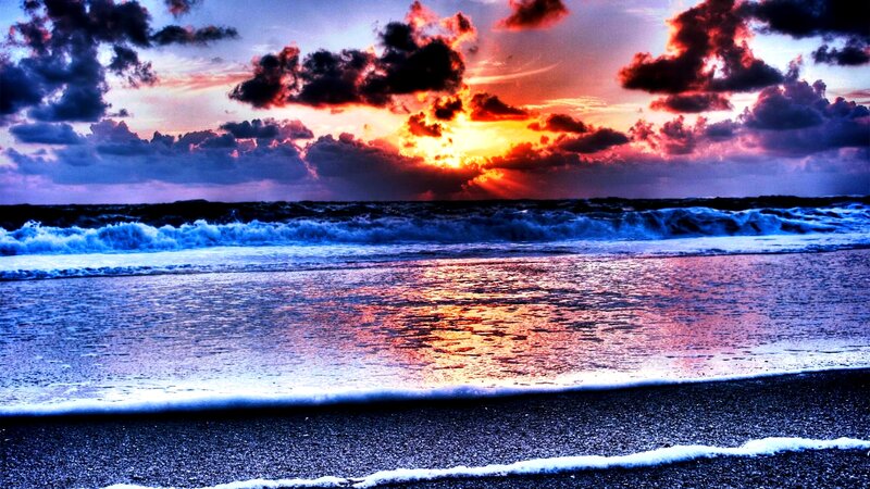 Ocean Waves at Sunset — Blue, Dramatic, Photograph, Sky, Clouds, Sand