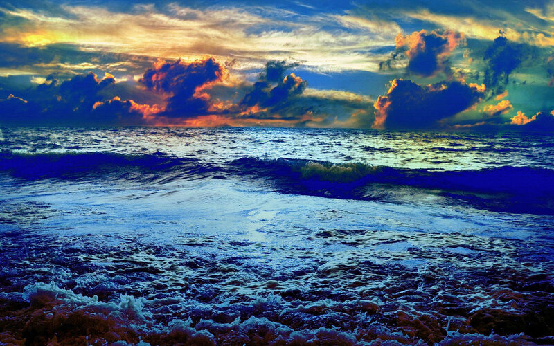 Ocean Waves at Sunset — Blue, Dramatic, Photograph, Sky, Clouds, Sea