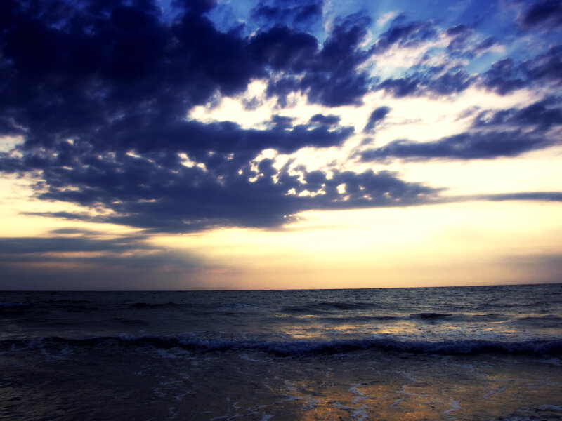 Ocean Waves at Sunset — Blue, Dramatic, Photograph, Sky, Clouds, Sea, Yellow