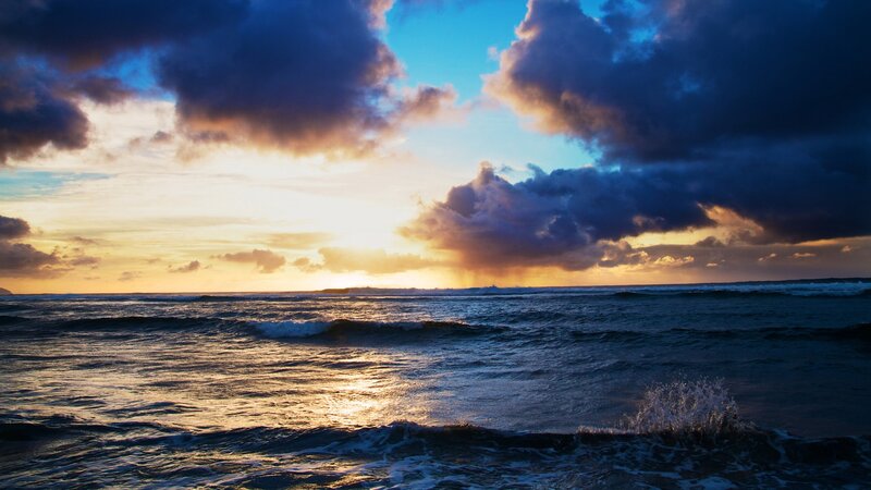 Ocean Waves at Sunset — Blue, Dramatic, Photograph, Sky, Clouds, Sun, Orange