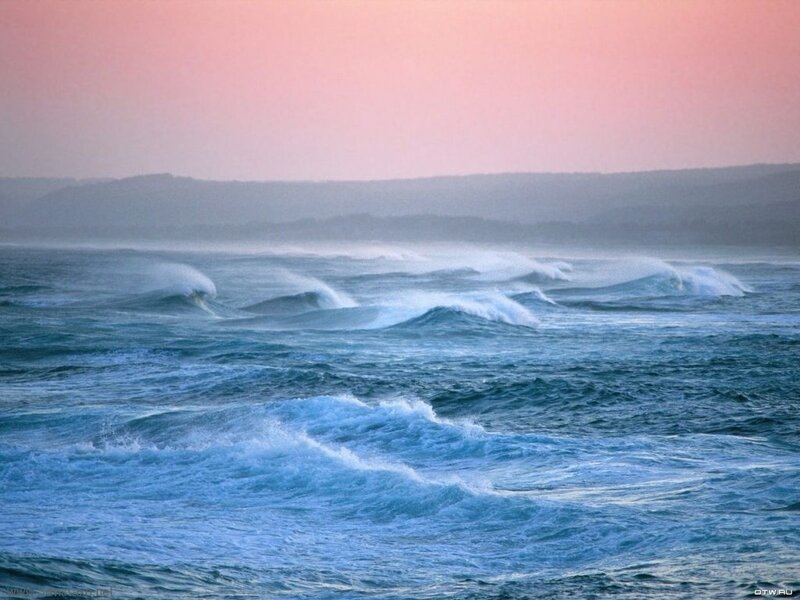 Ocean Waves at Sunset — Blue, Dramatic, Photograph, Sky, Mountains, Sea Foam, Pink, Gray