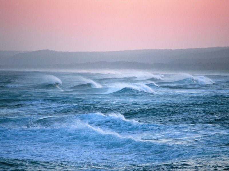 Ocean Waves at Sunset — Blue, Dramatic, Photograph, Sky, Mountains