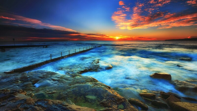 Ocean Waves at Sunset — Blue, Dramatic, Photograph, Sky, Rocks, Pier
