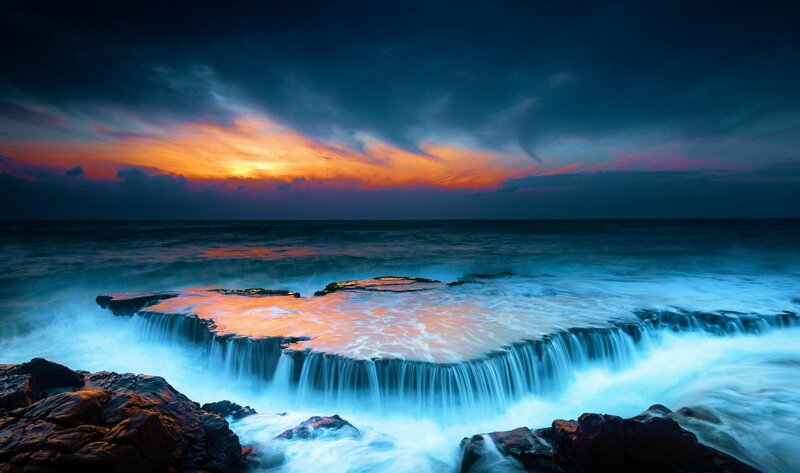 Ocean Waves at Sunset — Blue, Dramatic, Photograph, Sky, Rocks, Sea