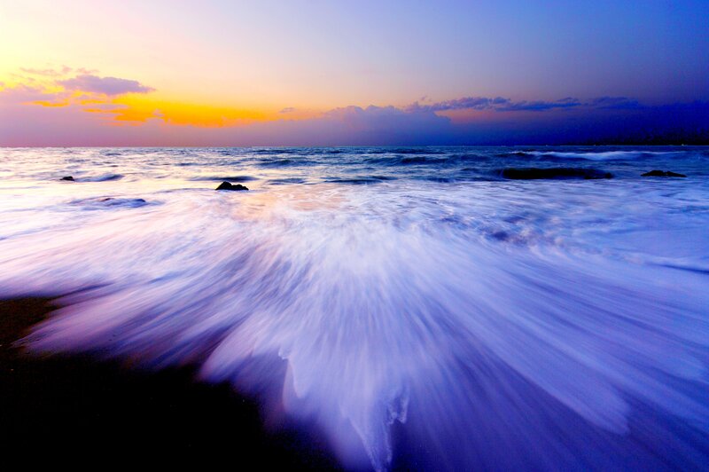 Ocean Waves at Sunset — Blue, Dramatic, Photograph, Sky, Rocks