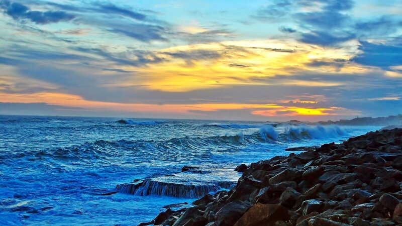 Ocean Waves at Sunset — Blue, Dramatic, Photograph, Sky, Rocks, Yellow