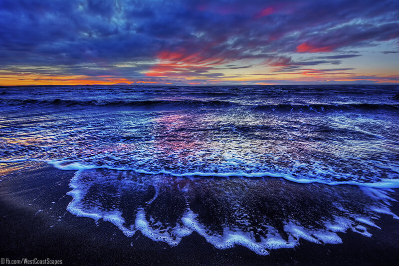 Ocean Waves at Sunset — Blue, Dramatic, Photograph, Sky, Sand