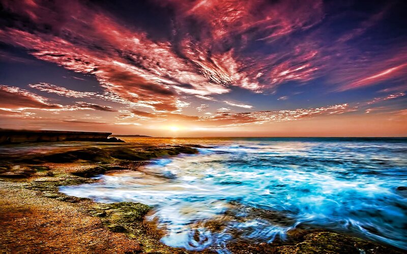 Ocean Waves at Sunset — Blue, Dramatic, Photograph, Sky, Sun