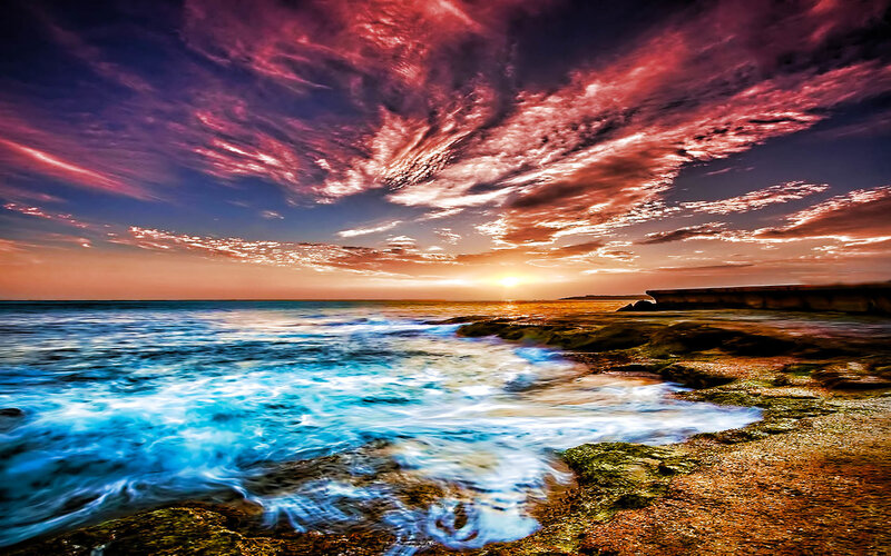 Ocean Waves at Sunset — Blue, Dramatic, Photograph, Sky