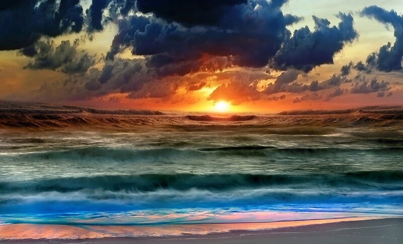 Ocean Waves at Sunset — Blue, Dramatic, Photograph, Sun, Clouds, Beach