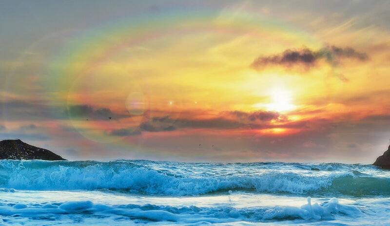 Ocean Waves at Sunset — Blue, Dramatic, Photograph, Sun, Clouds, Birds