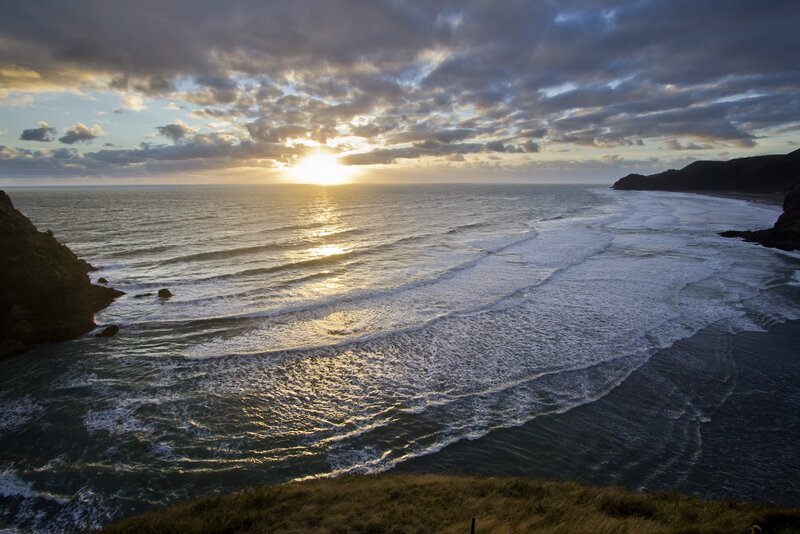 Ocean Waves at Sunset — Blue, Dramatic, Photograph, Sun, Clouds, Cliffs