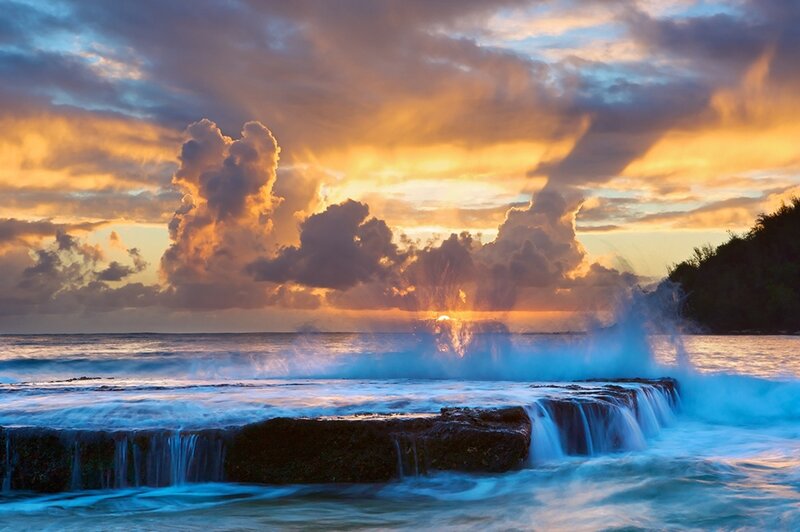 Ocean Waves at Sunset — Blue, Dramatic, Photograph, Sun, Clouds, Rock Formation