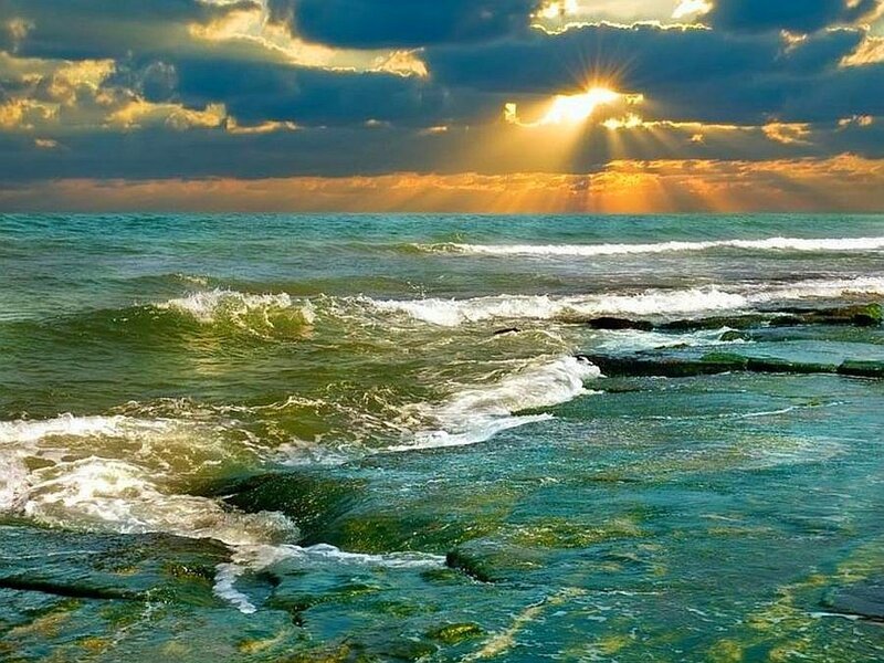 Ocean Waves at Sunset — Blue, Dramatic, Photograph, Sun, Clouds, Rocks, Green, Yellow