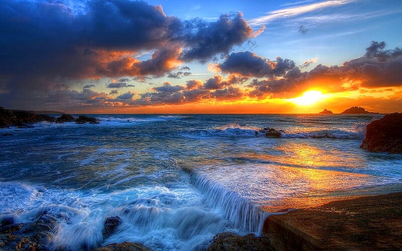 Ocean Waves at Sunset — Blue, Dramatic, Photograph, Sun, Clouds, Rocks, Sea