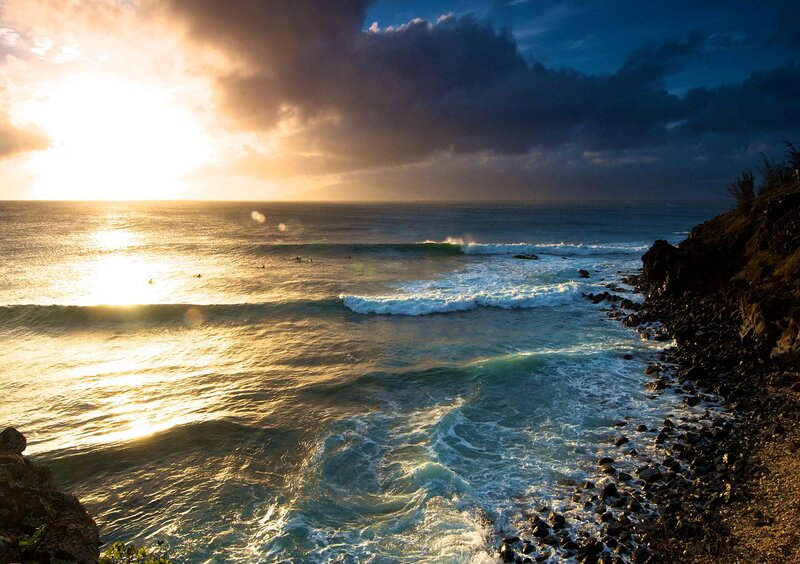 Ocean Waves at Sunset — Blue, Dramatic, Photograph, Sun, Clouds, Rocks, Surfers