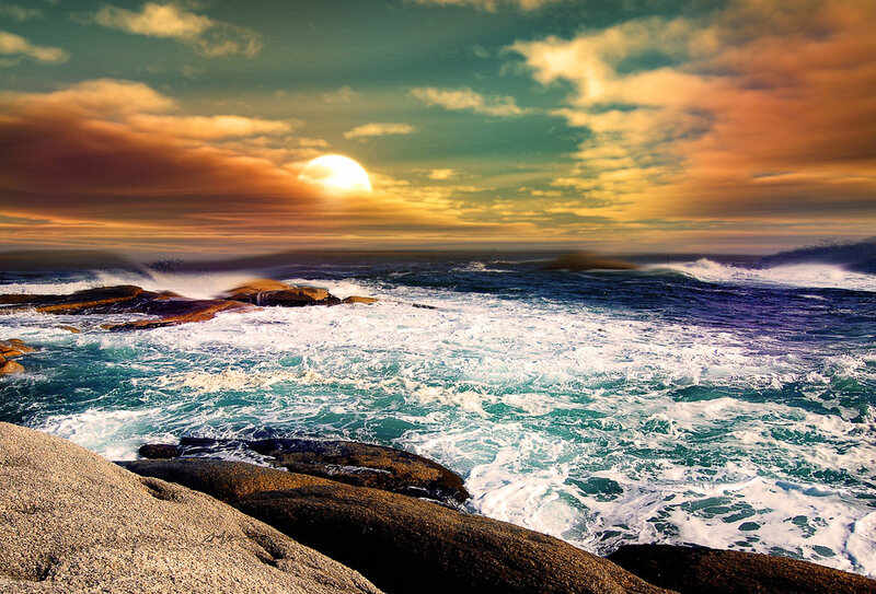 Ocean Waves at Sunset — Blue, Dramatic, Photograph, Sun, Clouds, Rocks